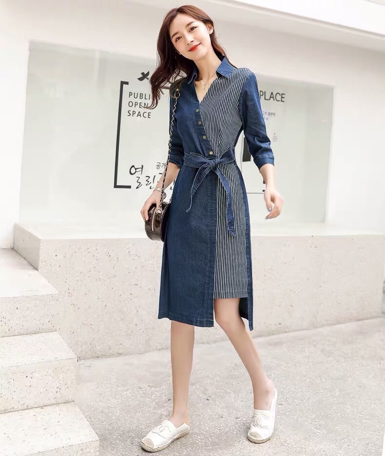 ĐẦM JEAN CỔ SƠ MI PHỐI SỌC 